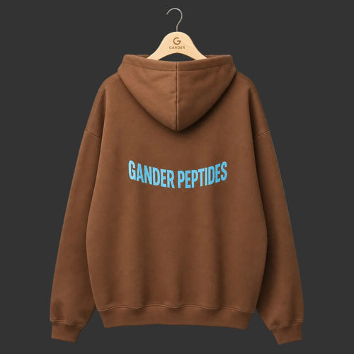 Brown Gander Peptides oversized hoodie back on a Gander wooden hanger