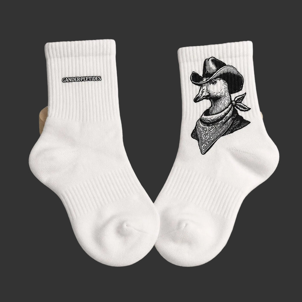 Cowboy Gander white crew socks, clean Shopify product view