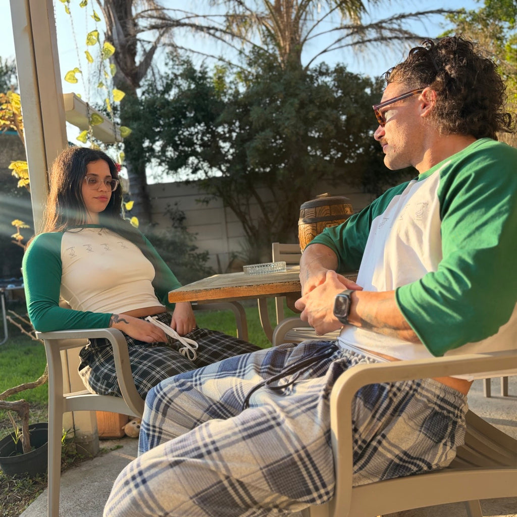 Women’s and men’s green Goosey baseball tees in the original editorial