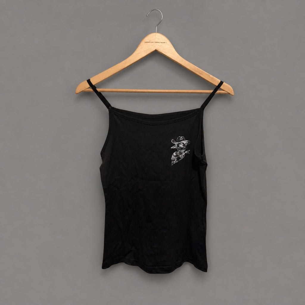 Goosey Couture black printed strappy top front on a Gander wooden hanger