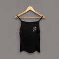 Goosey Couture black printed strappy top front on a Gander wooden hanger