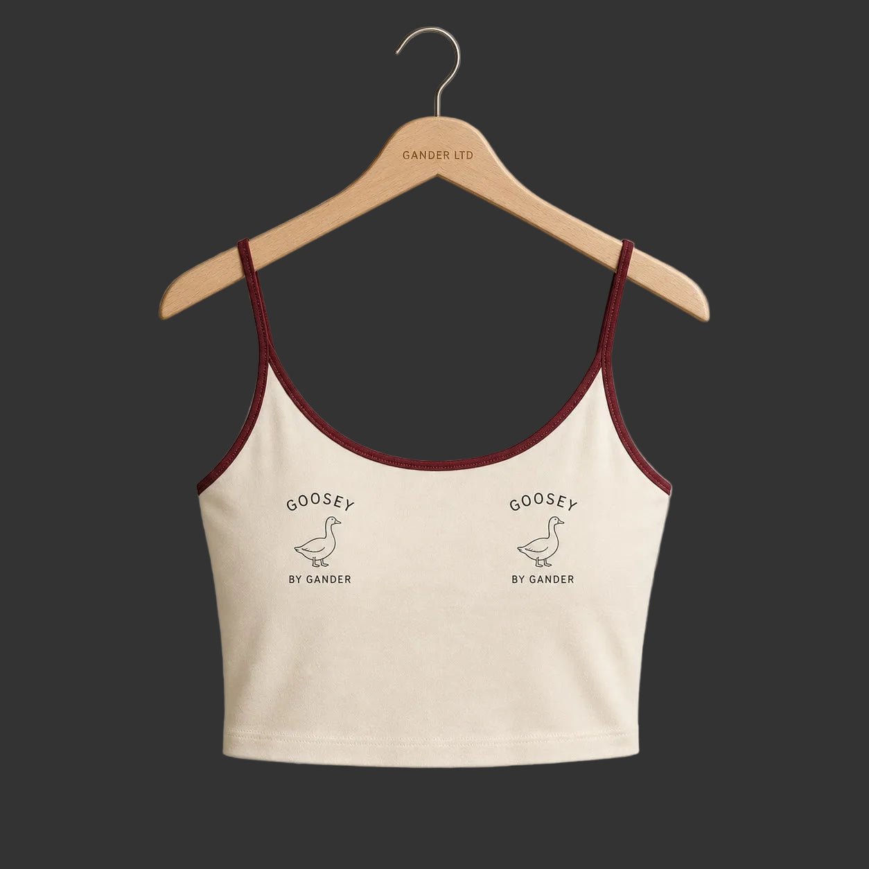 Cream and burgundy Double-Goosey crop cami, clean Shopify product view