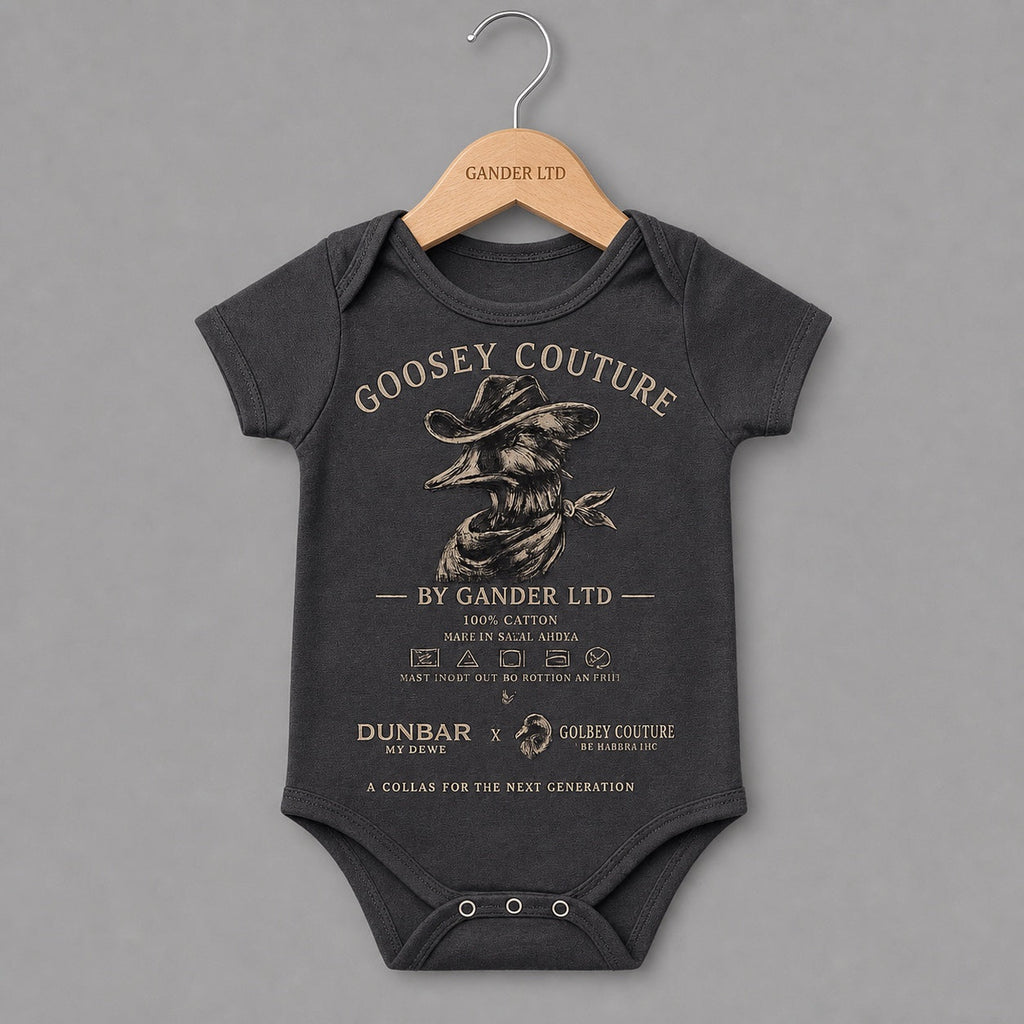 Dunbar × Goosey Couture charcoal baby grow, clean Shopify product view